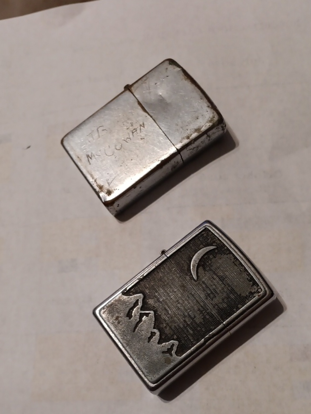 Silver Metal Pocket Lighter with Mountain and Moon Design - Zippo